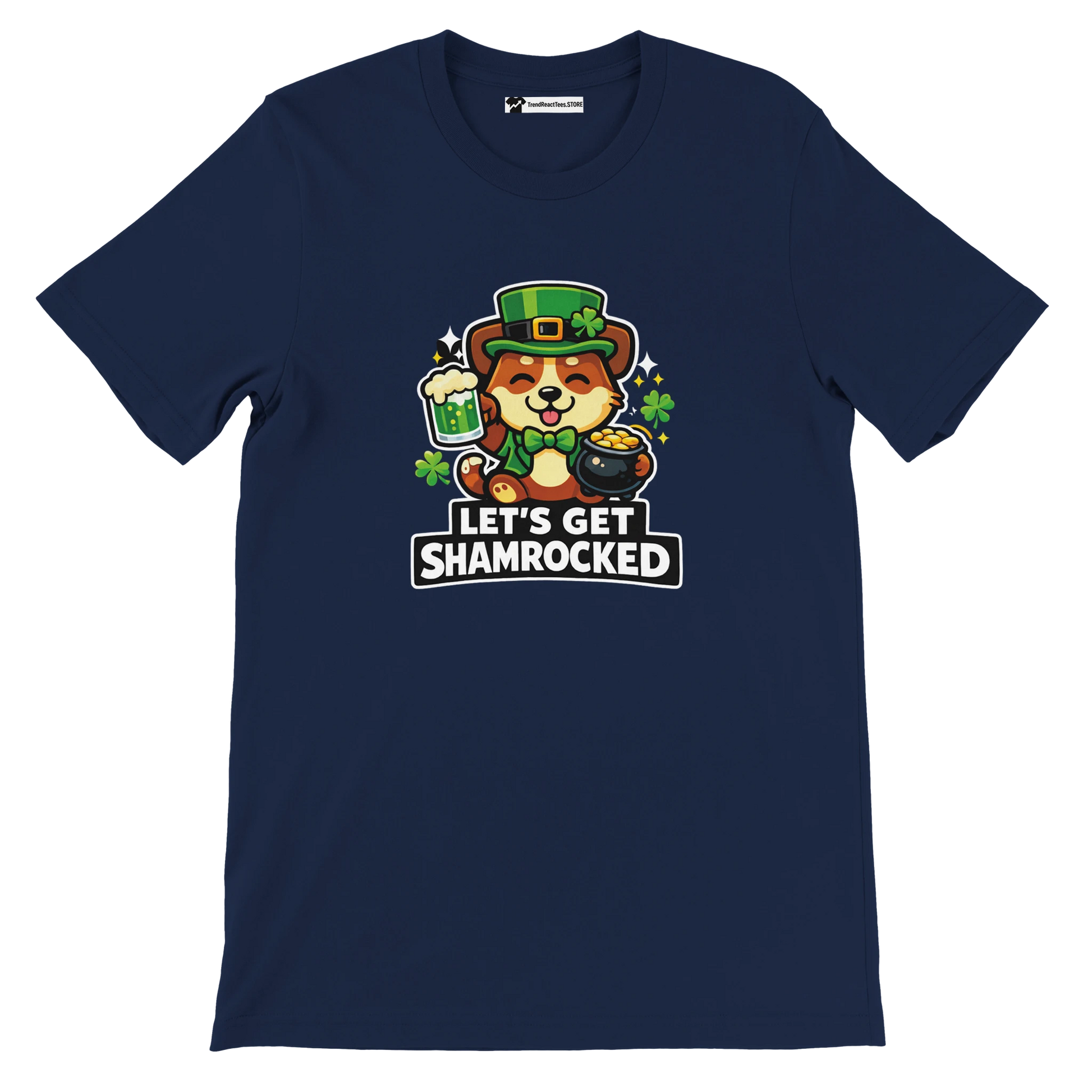 Navy t-shirt with cute dog in leprechaun hat, beer, and shamrocks, 'Let’s Get Shamrocked' text