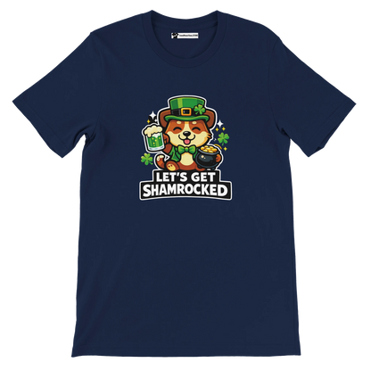 Navy t-shirt with cute dog in leprechaun hat, beer, and shamrocks, 'Let’s Get Shamrocked' text