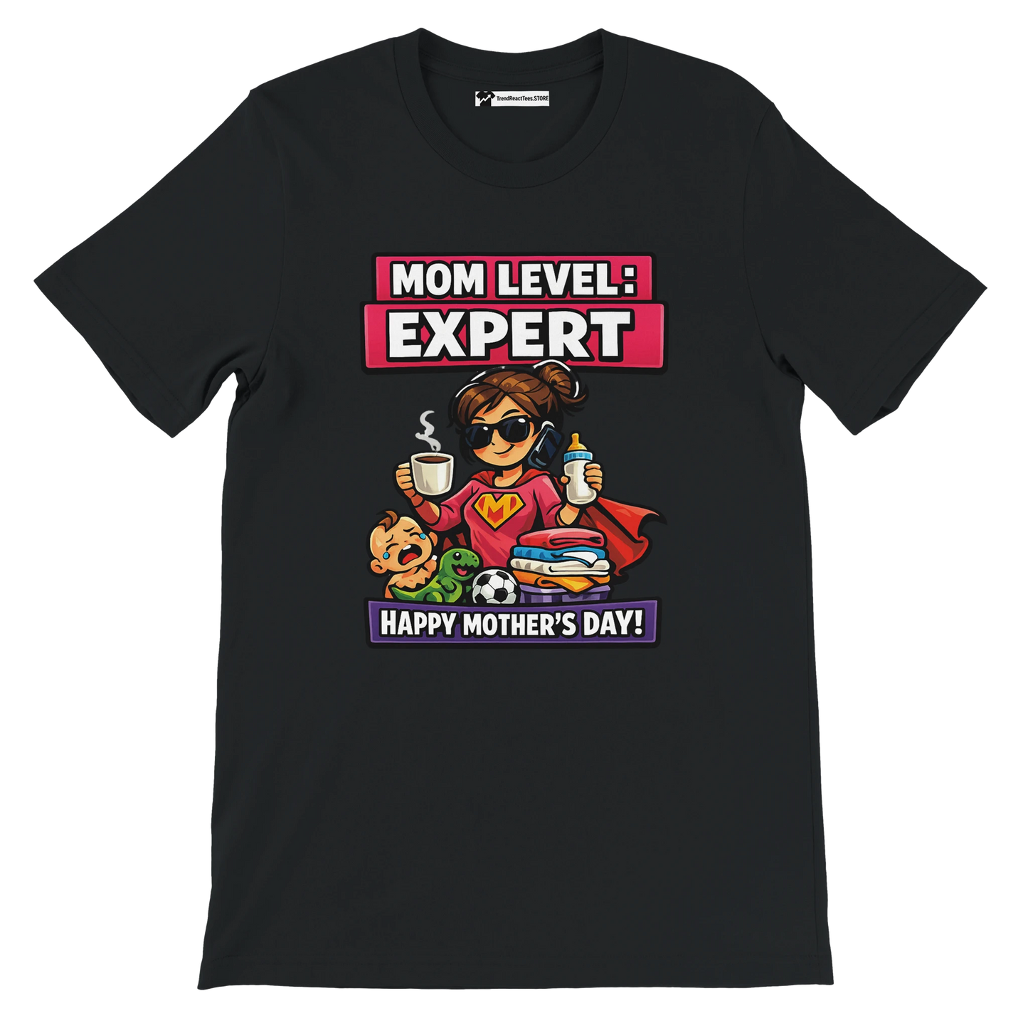 Black t-shirt with cartoon supermom, baby, and Mother's Day quote, perfect for gifting.