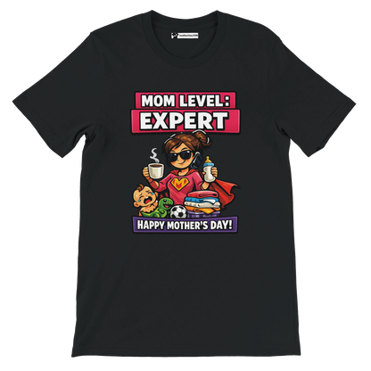 Black t-shirt with cartoon supermom, baby, and Mother's Day quote, perfect for gifting.
