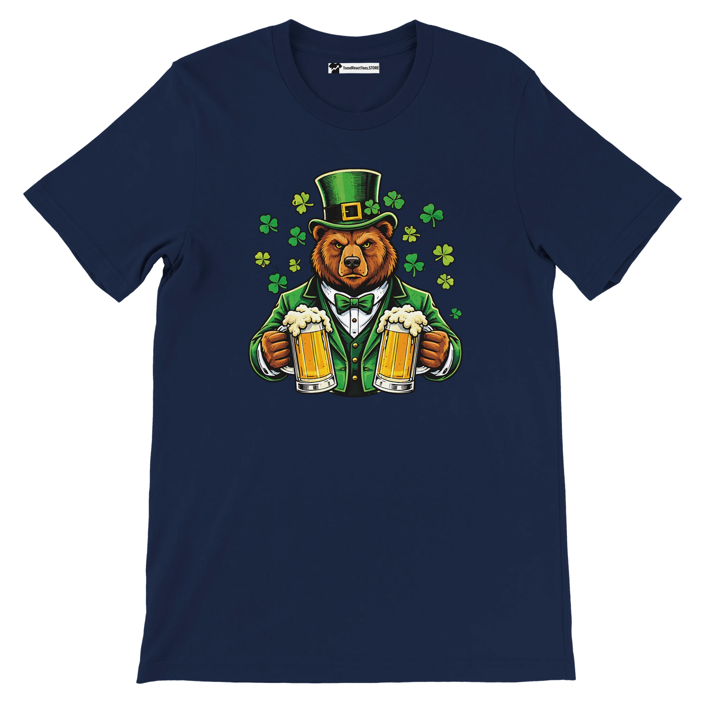 Bear in green suit and hat holding beer mugs with shamrocks, St. Patrick's Day tee