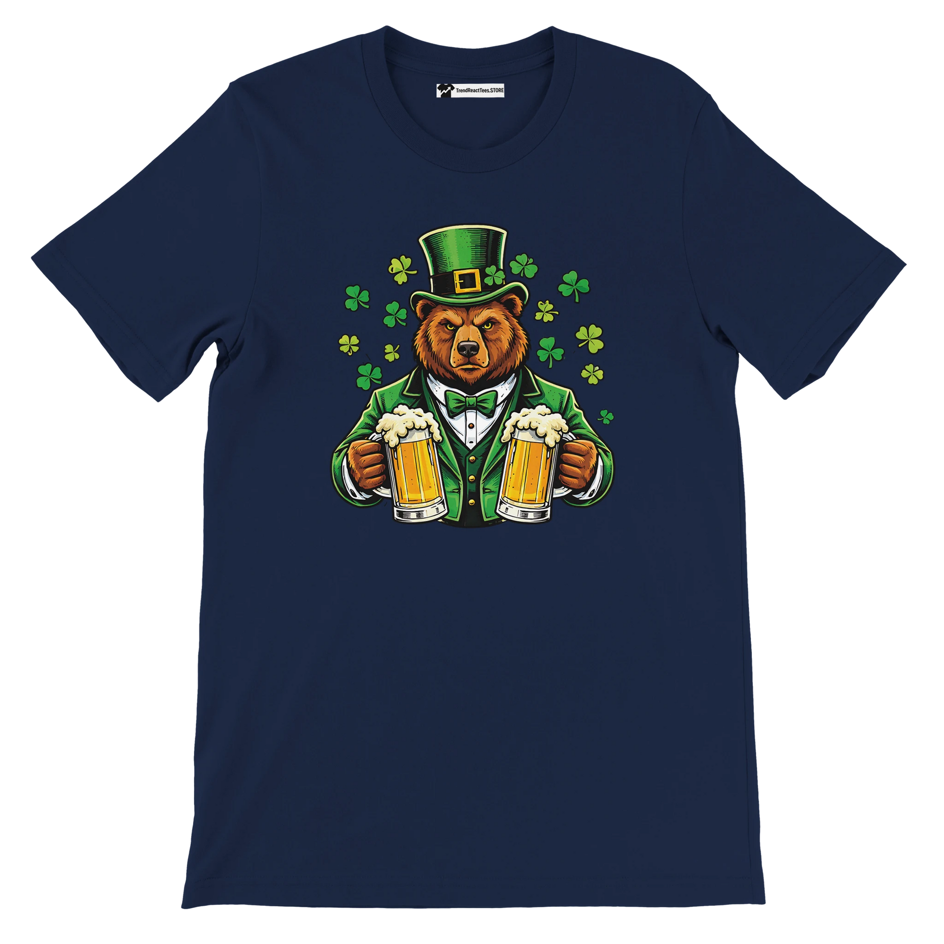 Bear in green suit and hat holding beer mugs with shamrocks, St. Patrick's Day tee