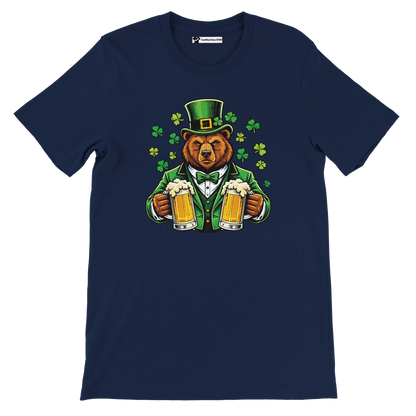 Bear in green suit and hat holding beer mugs with shamrocks, St. Patrick's Day tee