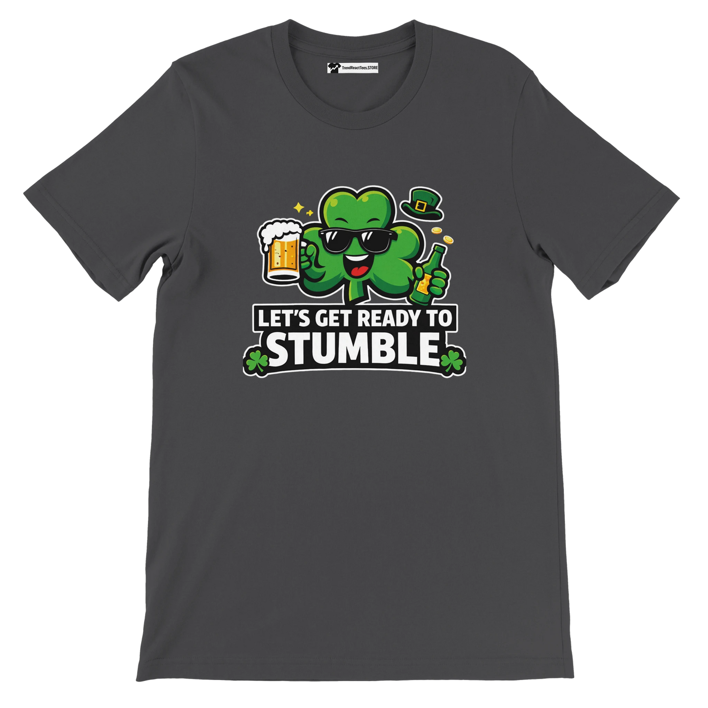 Dark t-shirt with cartoon shamrock, beer, and 'Let's Get Ready To Stumble' St. Patrick's Day quote.