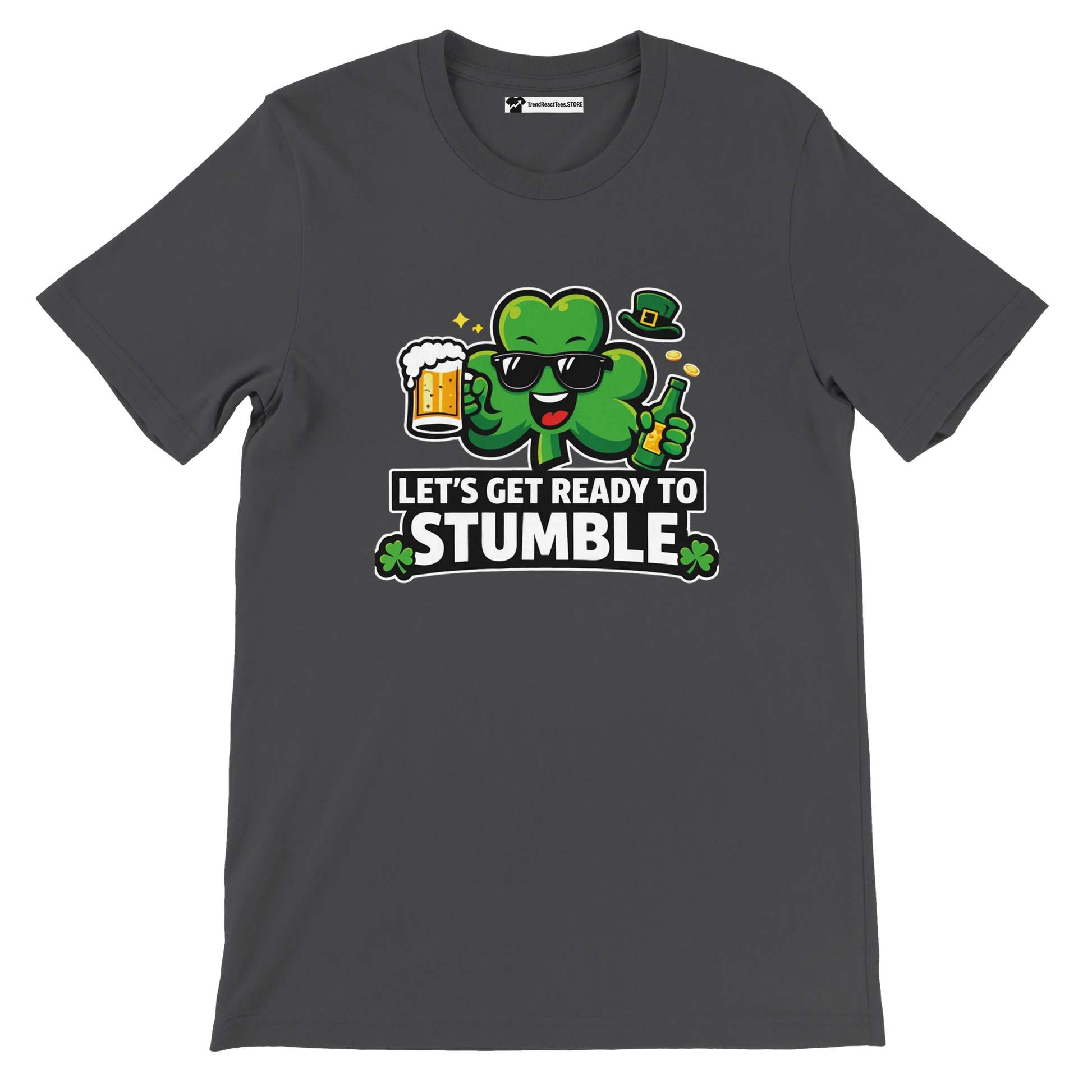Dark t-shirt with cartoon shamrock, beer, and 'Let's Get Ready To Stumble' St. Patrick's Day quote.