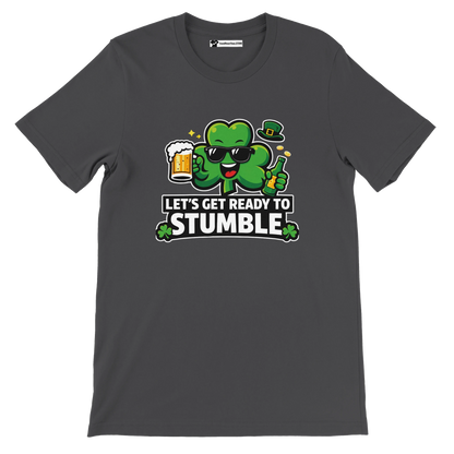 Dark t-shirt with cartoon shamrock, beer, and 'Let's Get Ready To Stumble' St. Patrick's Day quote.