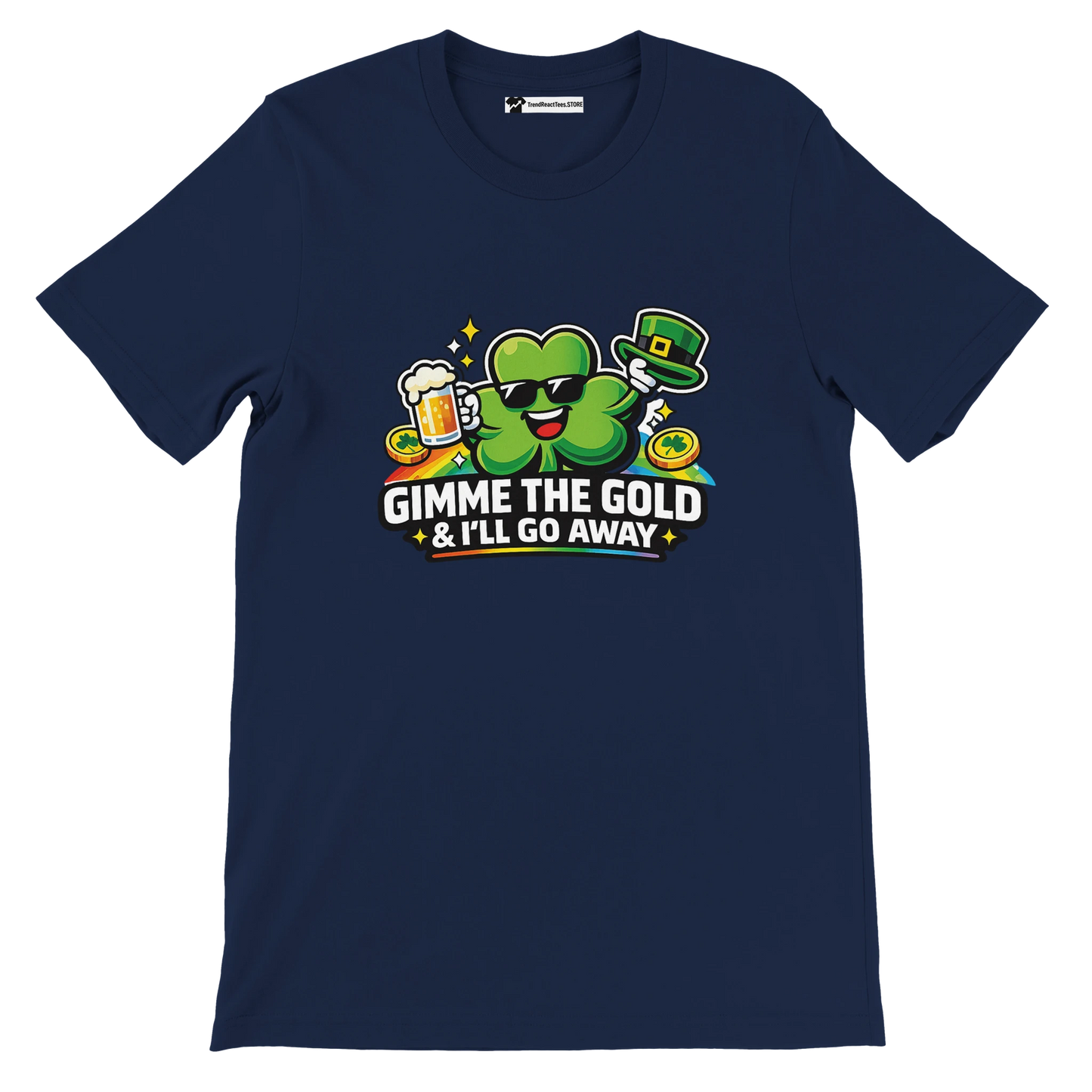 Funny St. Patrick's Day tee with shamrock, beer, gold coins, and 'Gimme the Gold' text on navy shirt