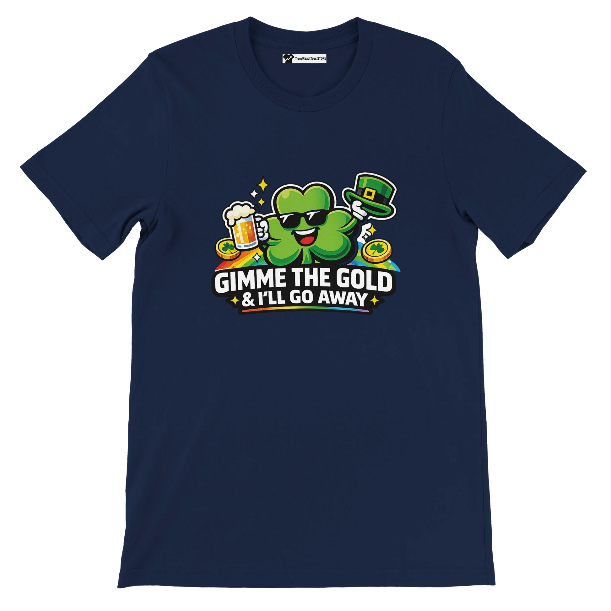 Funny St. Patrick's Day tee with shamrock, beer, gold coins, and 'Gimme the Gold' text on navy shirt