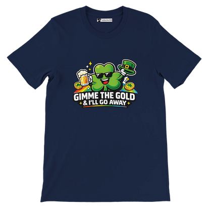 Funny St. Patrick's Day tee with shamrock, beer, gold coins, and 'Gimme the Gold' text on navy shirt