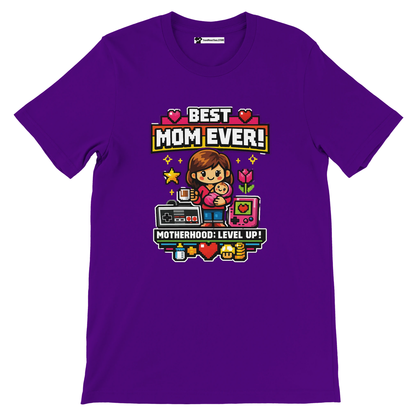 Purple anime aesthetic tee with "Best Mom Ever" and pixel art mom holding child, gaming icons.