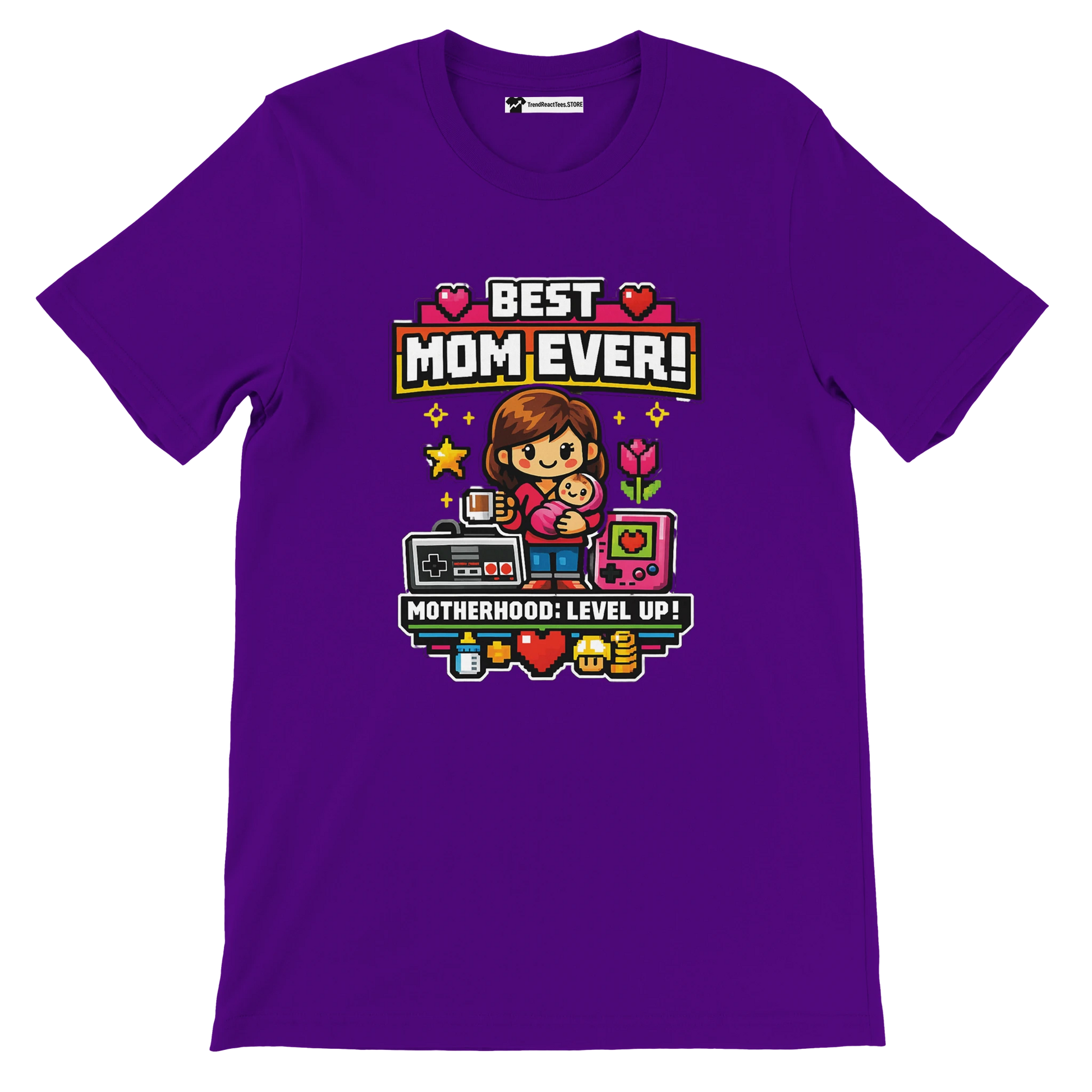 Purple anime aesthetic tee with "Best Mom Ever" and pixel art mom holding child, gaming icons.