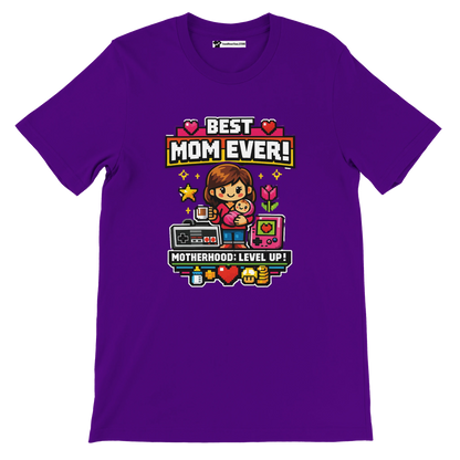 Purple anime aesthetic tee with "Best Mom Ever" and pixel art mom holding child, gaming icons.