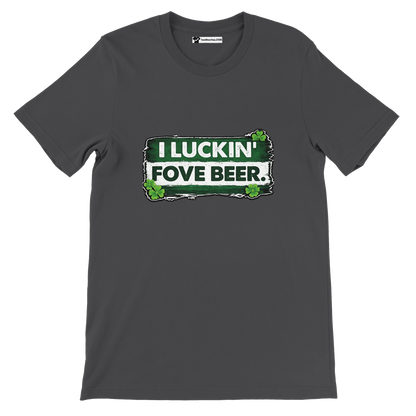 Dark gray t-shirt with green and white St. Patrick's Day beer quote and shamrock graphics