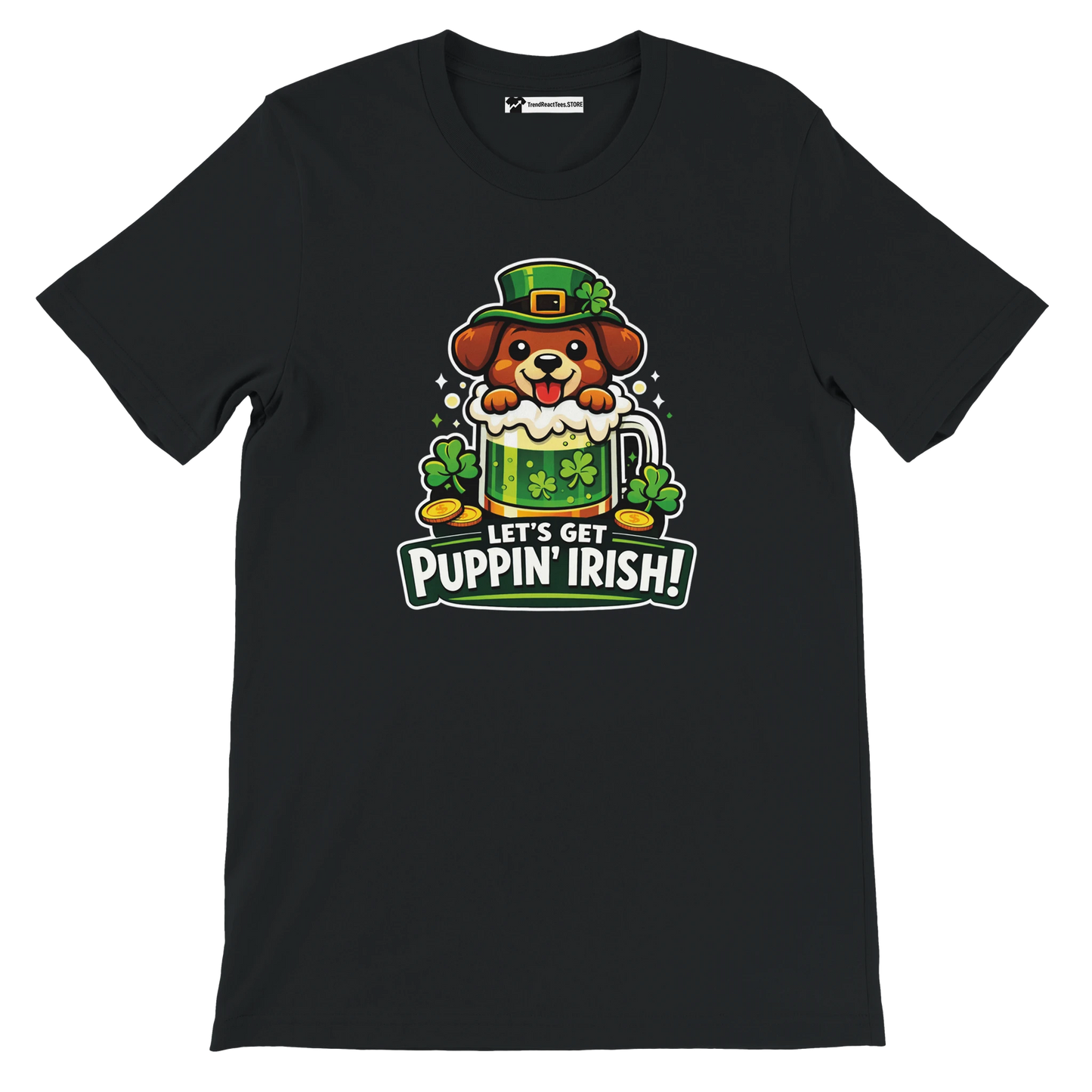 Black tee with cute dog in leprechaun hat, shamrocks, beer mug, St. Patrick’s Day pun quote