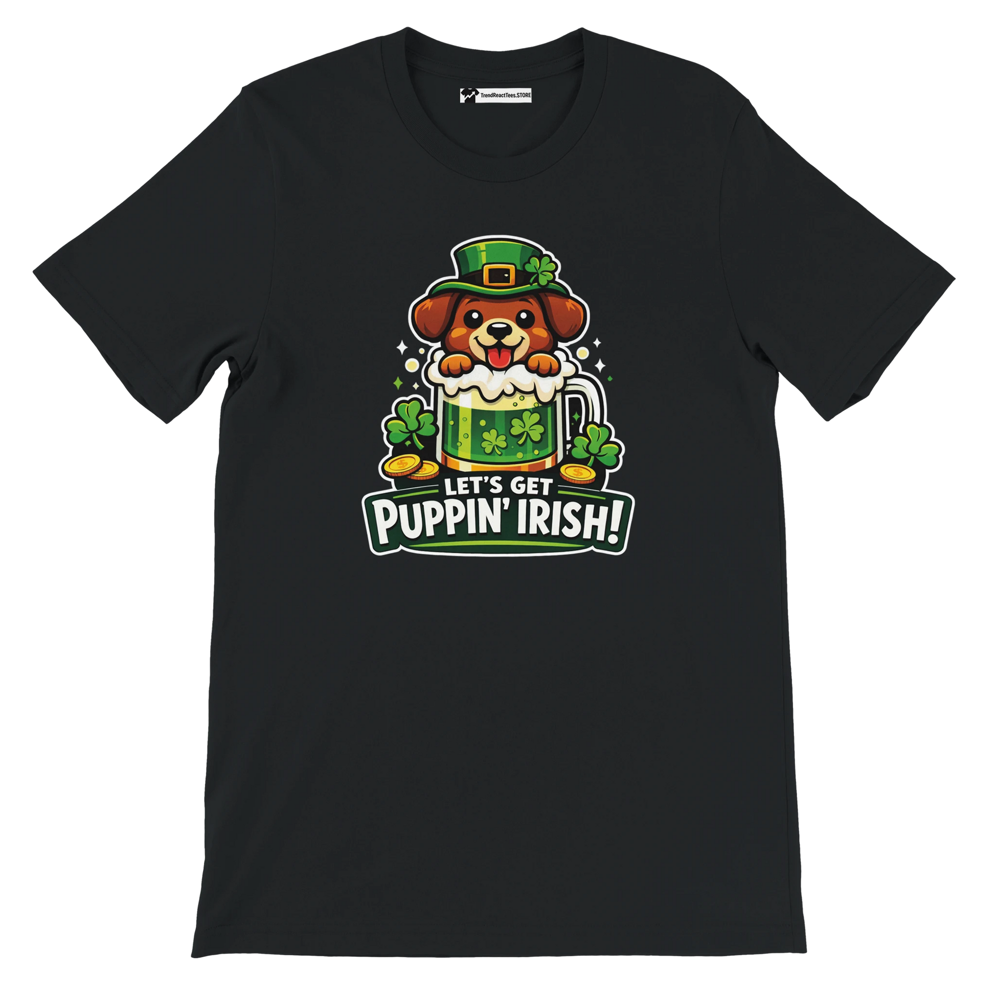 Black tee with cute dog in leprechaun hat, shamrocks, beer mug, St. Patrick’s Day pun quote