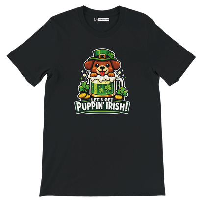 Black tee with cute dog in leprechaun hat, shamrocks, beer mug, St. Patrick’s Day pun quote