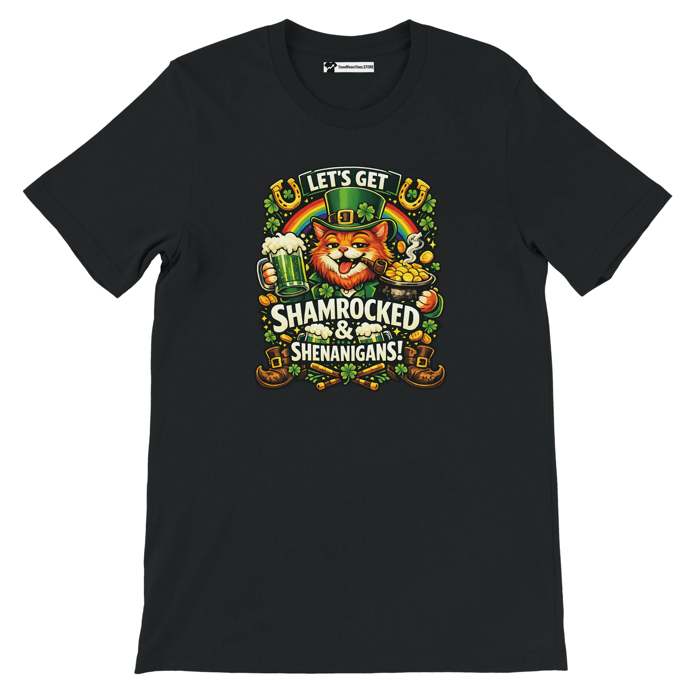 Black t-shirt with a festive leprechaun cat, beer mug, shamrocks, and 'Let's Get Shamrocked & Shenanigans!' text, perfect for St. Patrick's Day.