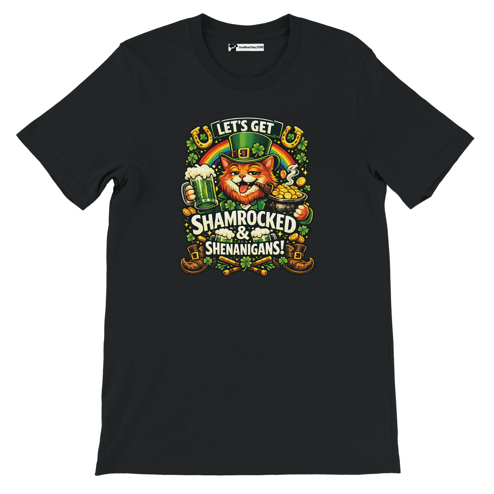 Black t-shirt with a festive leprechaun cat, beer mug, shamrocks, and 'Let's Get Shamrocked & Shenanigans!' text, perfect for St. Patrick's Day.