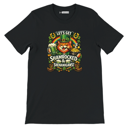 Black t-shirt with a festive leprechaun cat, beer mug, shamrocks, and 'Let's Get Shamrocked & Shenanigans!' text, perfect for St. Patrick's Day.