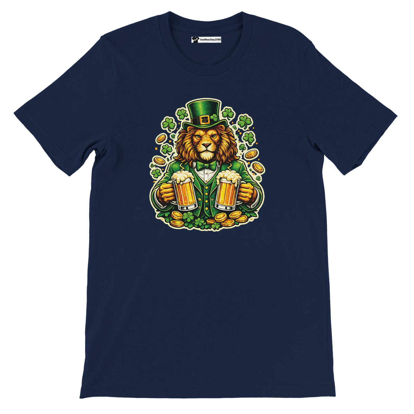 Lion in green suit holding beer mugs, shamrocks, and gold coins for St. Patrick's Day