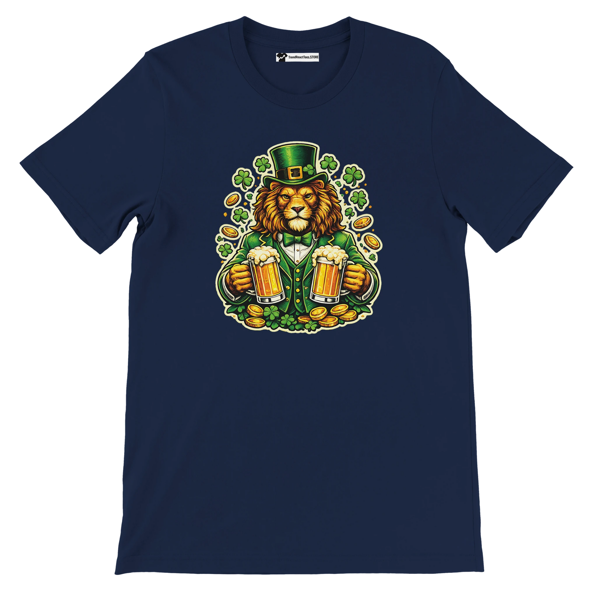 Lion in green suit holding beer mugs, shamrocks, and gold coins for St. Patrick's Day