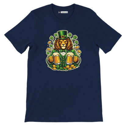 Lion in green suit holding beer mugs, shamrocks, and gold coins for St. Patrick's Day