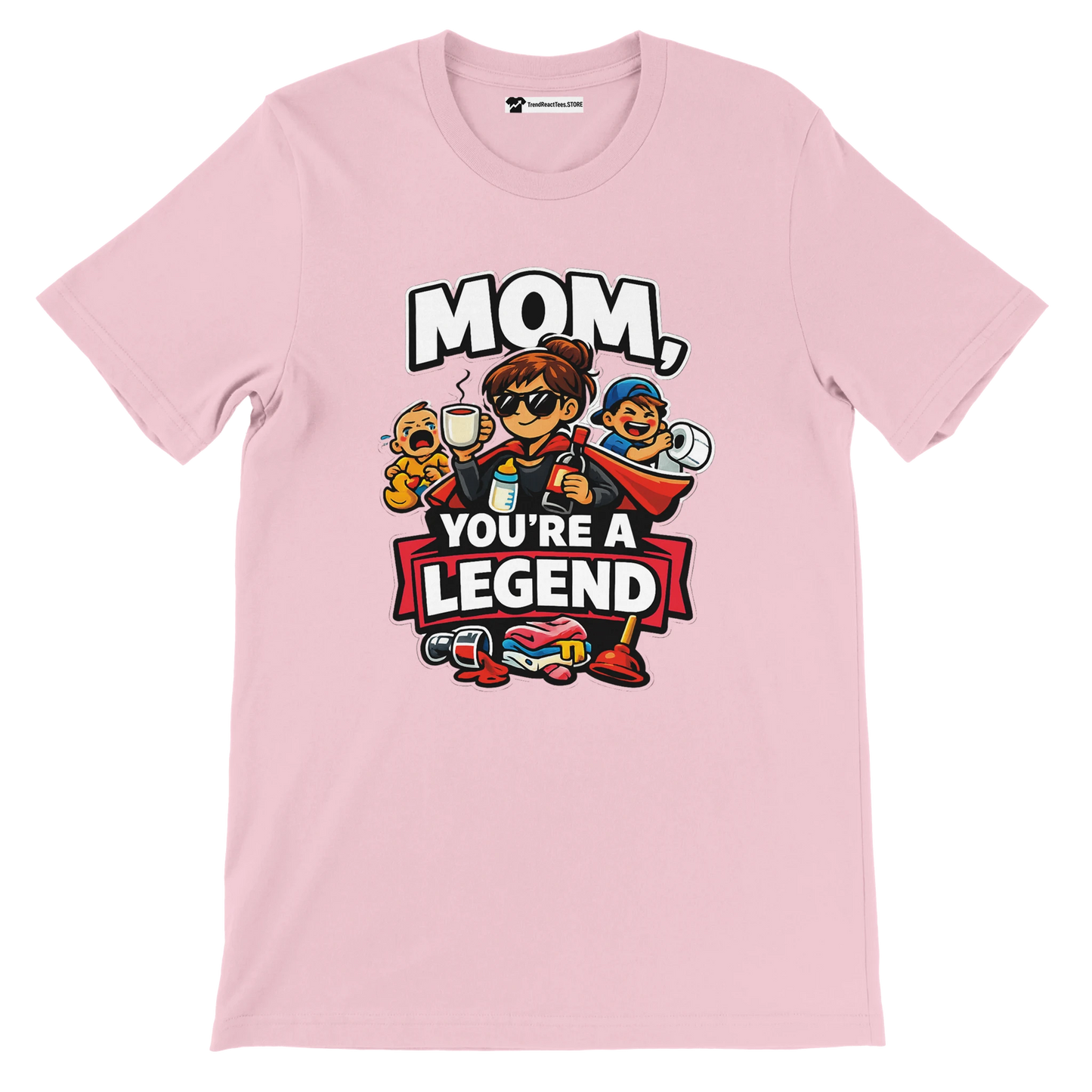Pink anime-style tee with mom and kids graphic, text reads 'Mom, You're a Legend'.