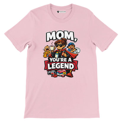 Pink anime-style tee with mom and kids graphic, text reads 'Mom, You're a Legend'.