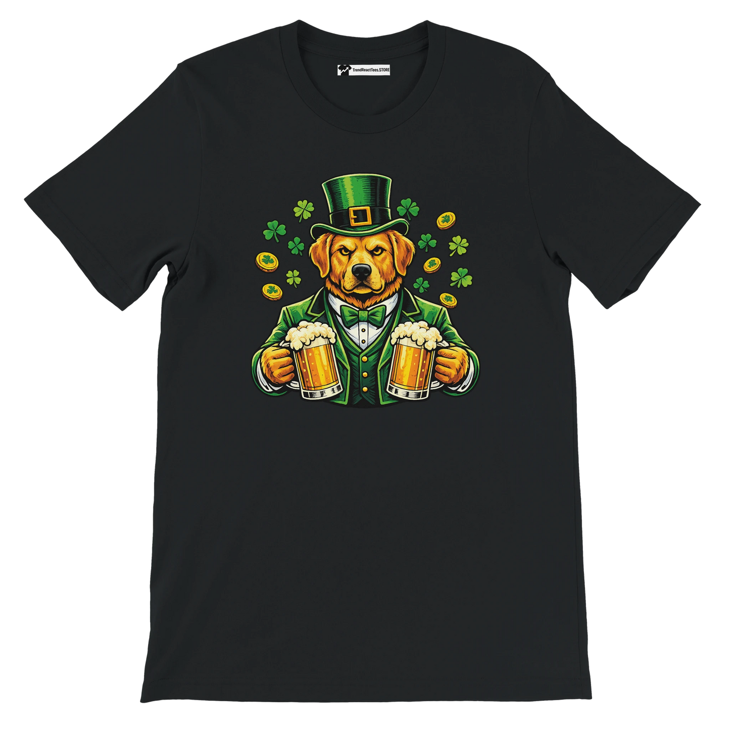 Black St. Patrick's Day tee with dog in green suit, top hat, holding beer mugs, shamrocks, gold coins