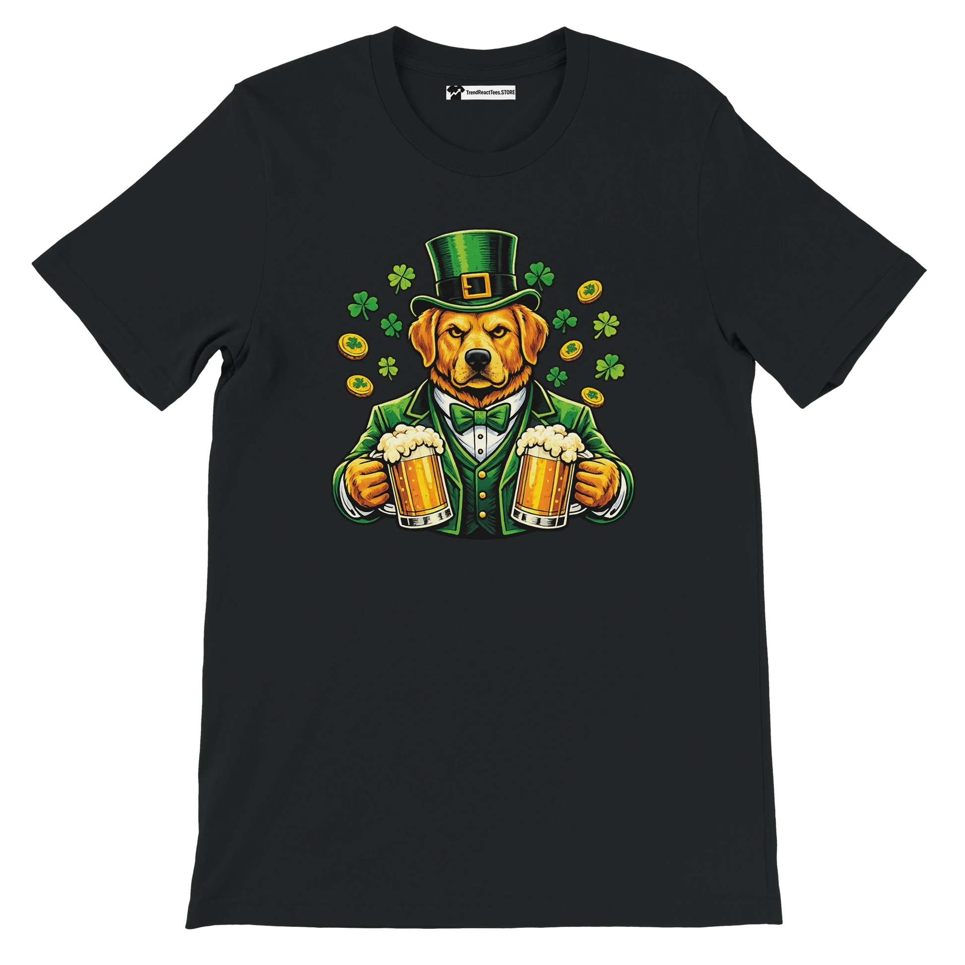 Black St. Patrick's Day tee with dog in green suit, top hat, holding beer mugs, shamrocks, gold coins