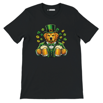 Black St. Patrick's Day tee with dog in green suit, top hat, holding beer mugs, shamrocks, gold coins