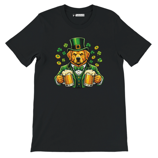 Black St. Patrick's Day tee with dog in green suit, top hat, holding beer mugs, shamrocks, gold coins
