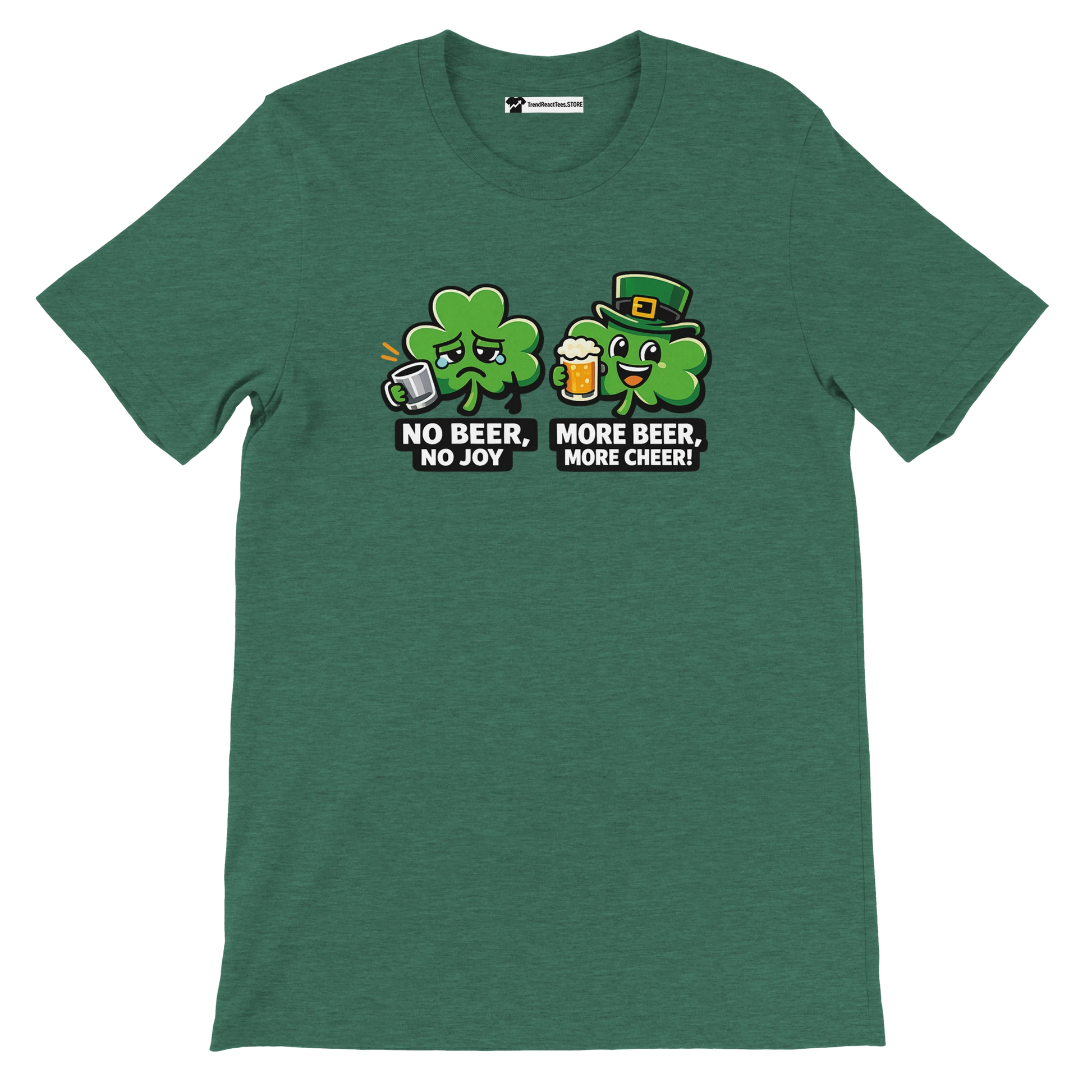 Green t-shirt with two cartoon shamrocks, beer mugs, St. Patrick's Day quotes and leprechaun hat.