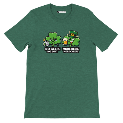 Green t-shirt with two cartoon shamrocks, beer mugs, St. Patrick's Day quotes and leprechaun hat.