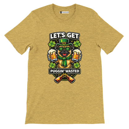 Yellow tee with cartoon pug in St. Patrick's outfit, beer mugs, shamrocks, and 'Let's Get Puggin' Wasted' text.