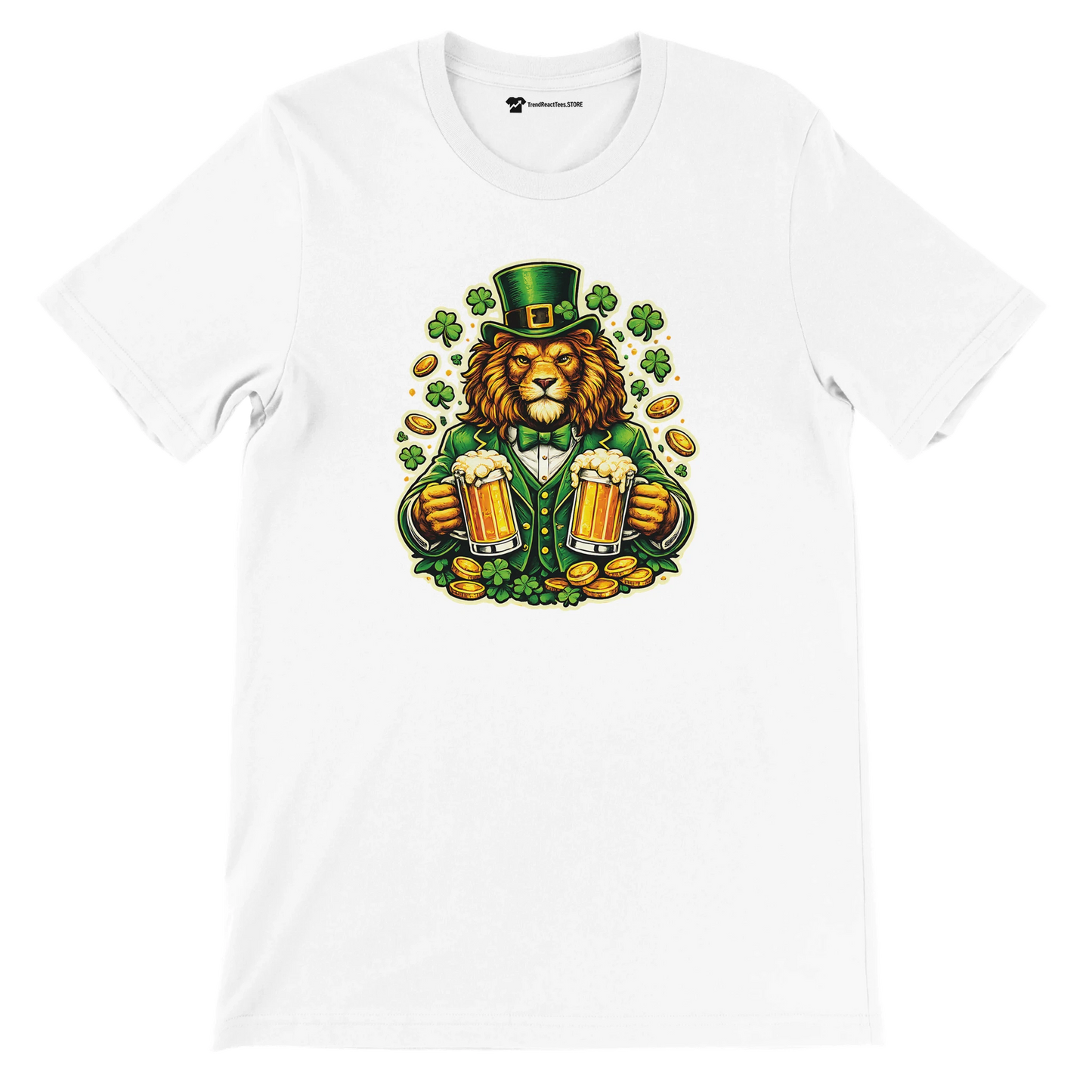 Lion in green suit with beer mugs, shamrocks, and gold coins for St. Patrick's Day