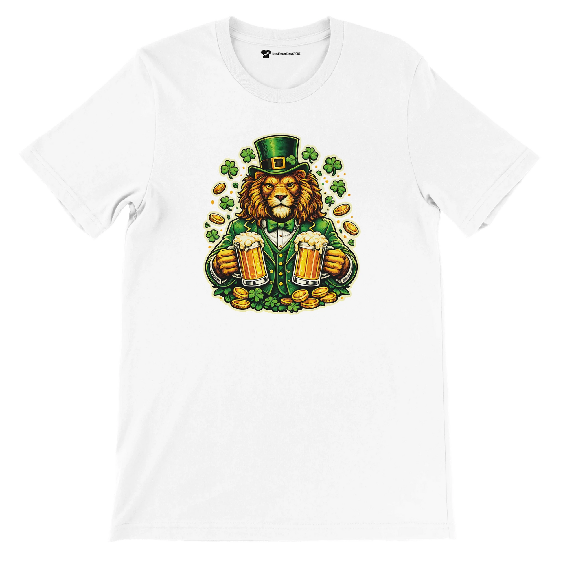 Lion in green suit with beer mugs, shamrocks, and gold coins for St. Patrick's Day