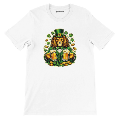 Lion in green suit with beer mugs, shamrocks, and gold coins for St. Patrick's Day