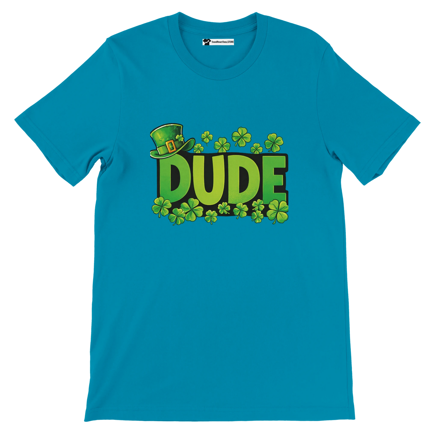 Blue t-shirt with green 'DUDE' text, clovers, and a leprechaun hat, St. Patrick's Day theme