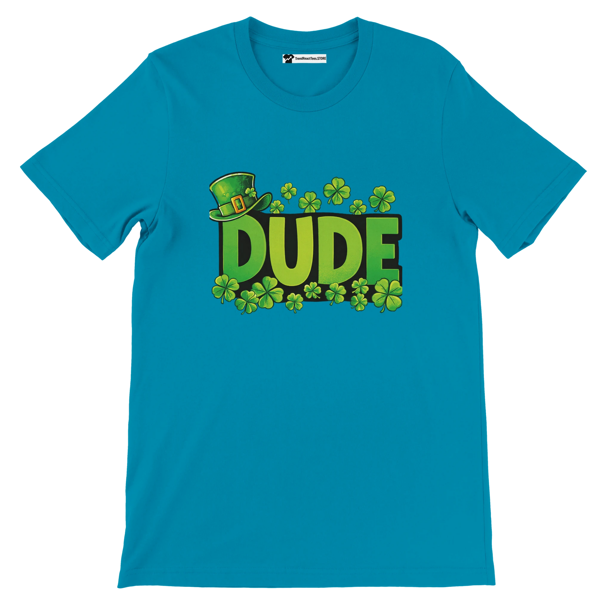 Blue t-shirt with green 'DUDE' text, clovers, and a leprechaun hat, St. Patrick's Day theme