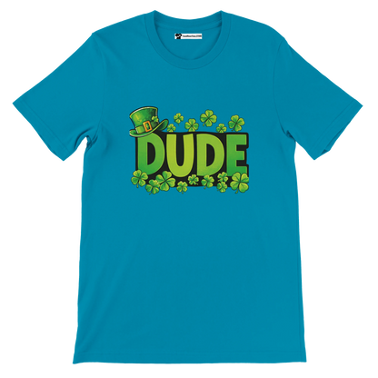 Blue t-shirt with green 'DUDE' text, clovers, and a leprechaun hat, St. Patrick's Day theme