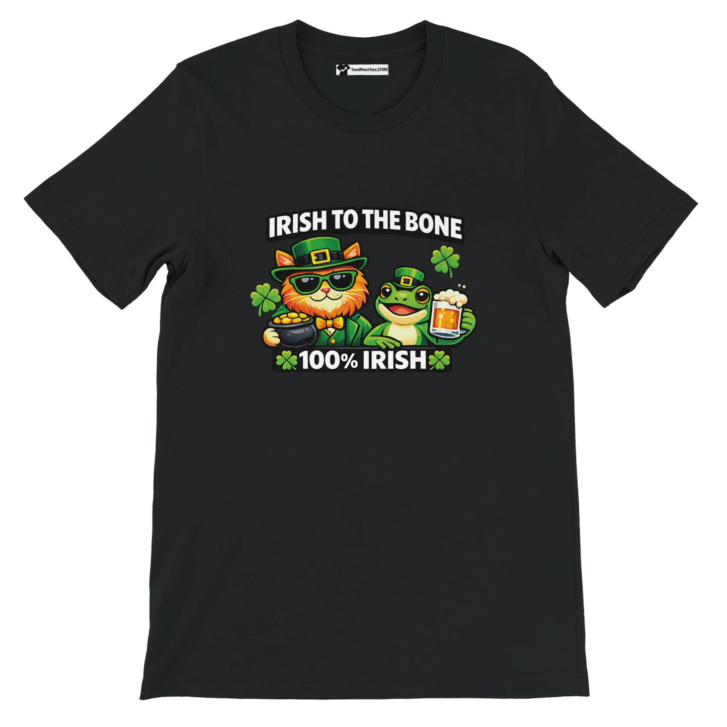 Black St. Patrick's Day tee with cat and frog in green hats, 'Irish to the Bone' text, shamrocks, and beer graphic