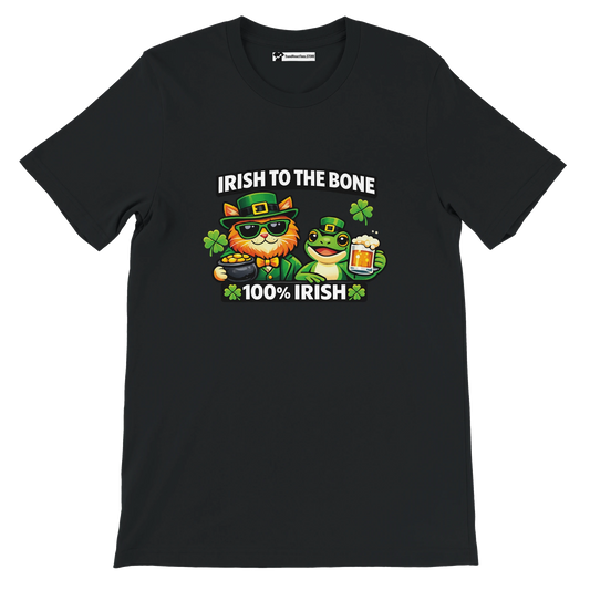 Black St. Patrick's Day tee with cat and frog in green hats, 'Irish to the Bone' text, shamrocks, and beer graphic