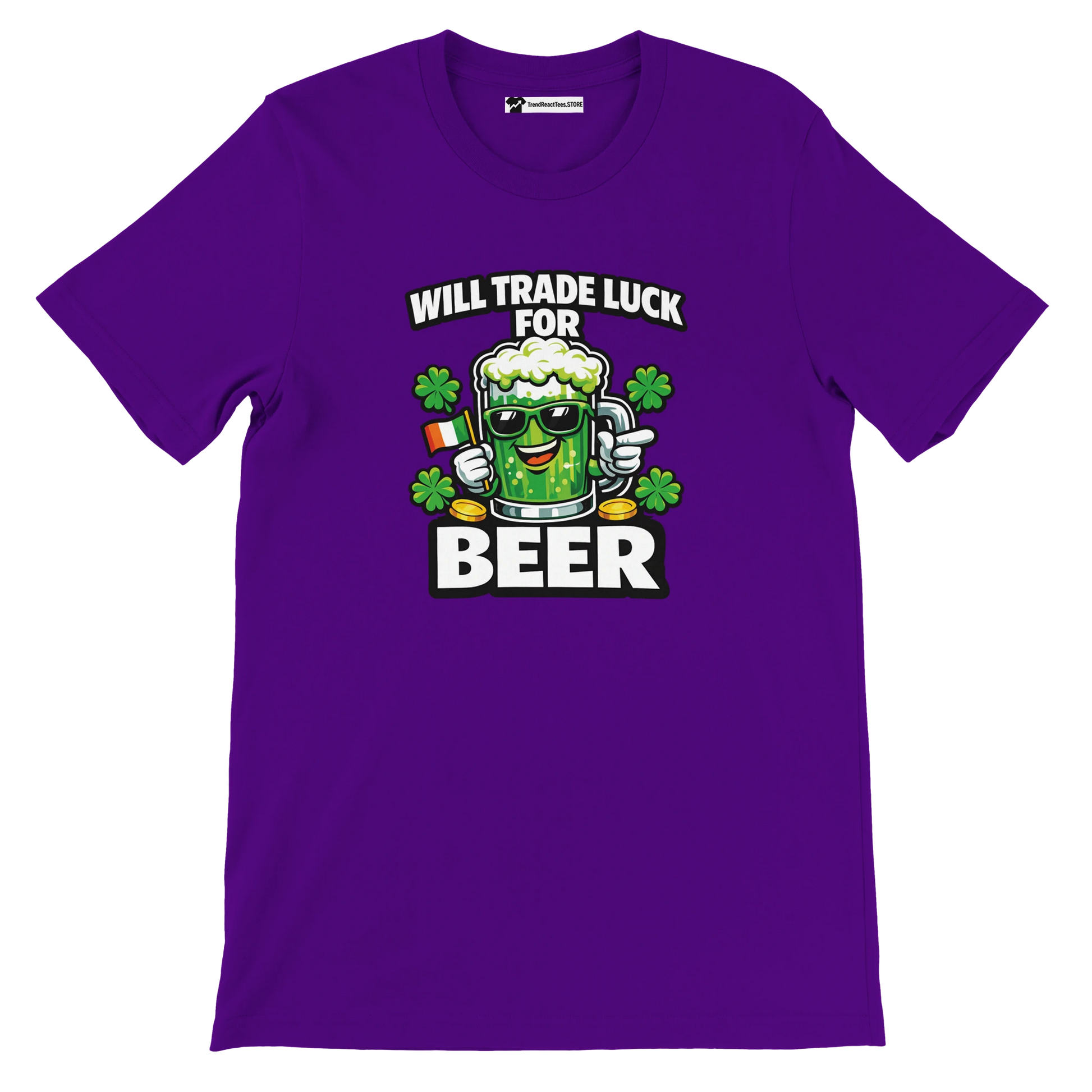 Purple St. Patrick's Day tee with 'Will Trade Luck for Beer' graphic, shamrocks, and beer mug