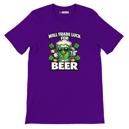 Purple St. Patrick's Day tee with 'Will Trade Luck for Beer' graphic, shamrocks, and beer mug