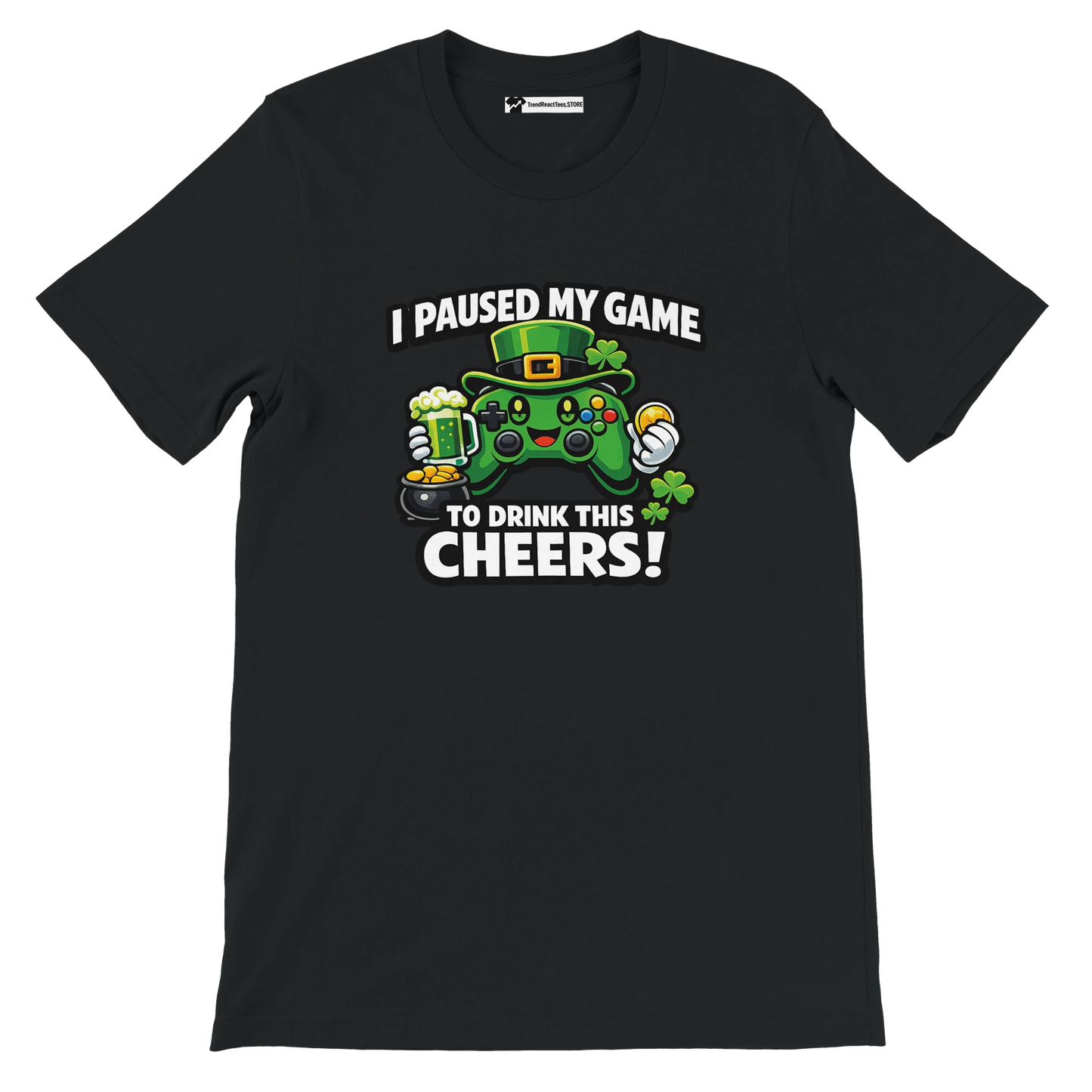 Black t-shirt with St. Patrick's Day gamer graphic, beer mug, shamrocks, and game controller.