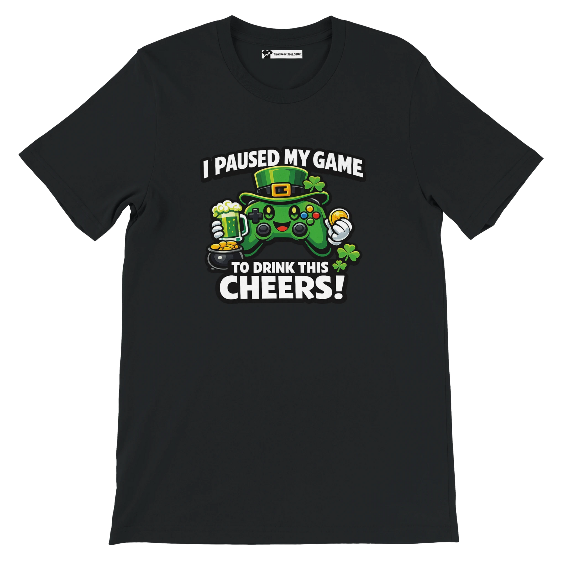 Black t-shirt with St. Patrick's Day gamer graphic, beer mug, shamrocks, and game controller.