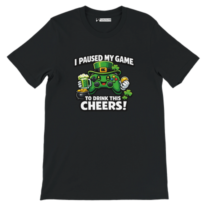 Black t-shirt with St. Patrick's Day gamer graphic, beer mug, shamrocks, and game controller.