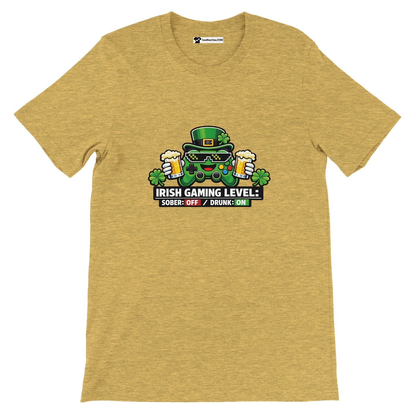 Irish gaming level t-shirt with controller, beer, and shamrocks for St. Patrick's Day fun