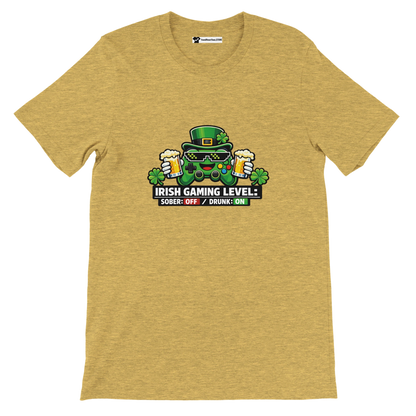 Irish gaming level t-shirt with controller, beer, and shamrocks for St. Patrick's Day fun
